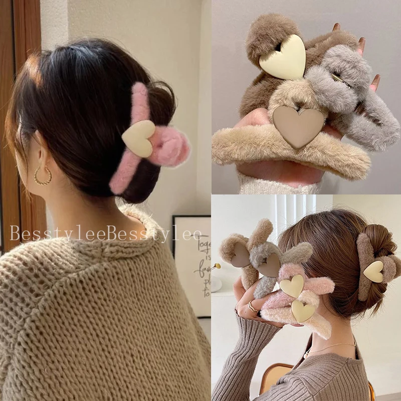 Top Trends: Women Winter Plush Hair Claw Elegant Hairpins Faux Fur For Girls Hair Clip Barrette Crab Love Shark Headwear Hair Accessories Shoppable Styles