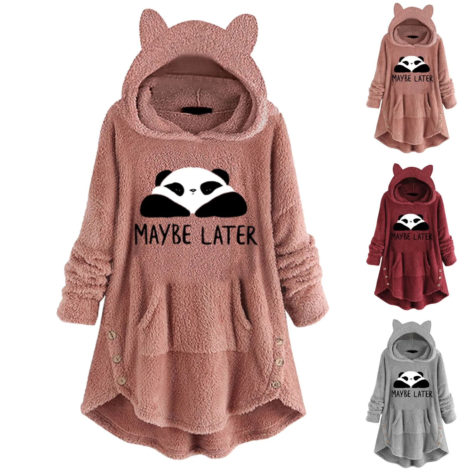 Top Trends: Hoodies Womens Sweatshirt Fleece Funny Cat Printed Kawaii Cap Pullovers Winter Warm Fluffy Hooded Top Button Moletom Shoppable Styles