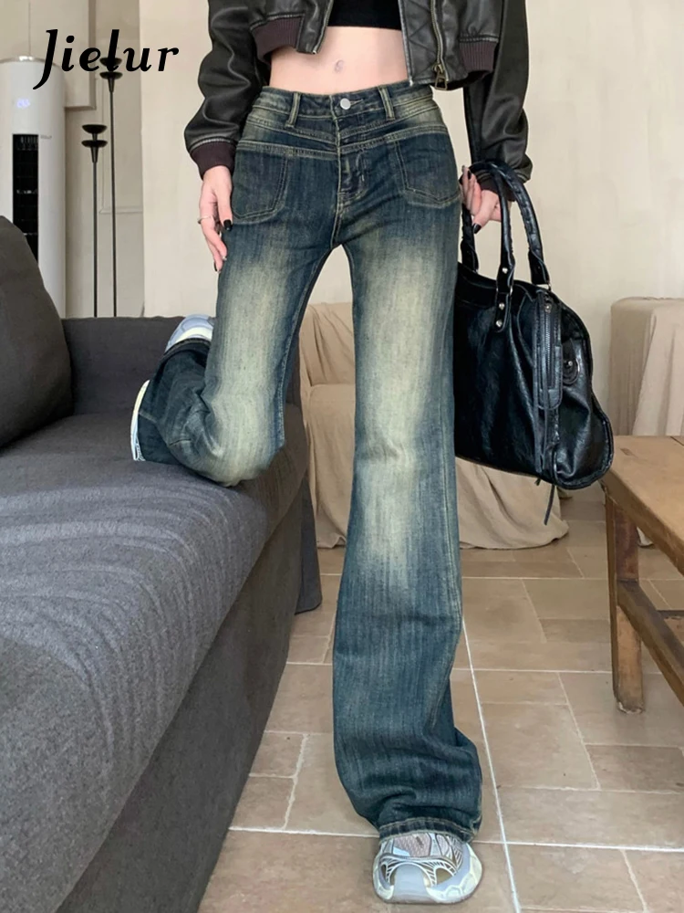 Top Trends: Jielur Vintage Blue Washed Slim Y2k Female Jeans High Waist Full Length Casual Chic Pockets Fashion Women's Jeans Office Lady Shoppable Styles