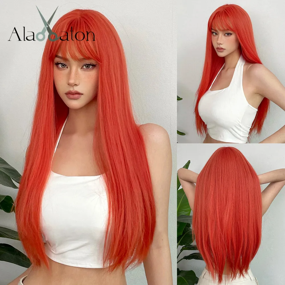 Top Trends: ALAN EATON Long Orange Synthetic Wigs With Bangs Straight Colorful Wigs For Women Natural Looking For Party Heat Resistant Wig Shoppable Styles