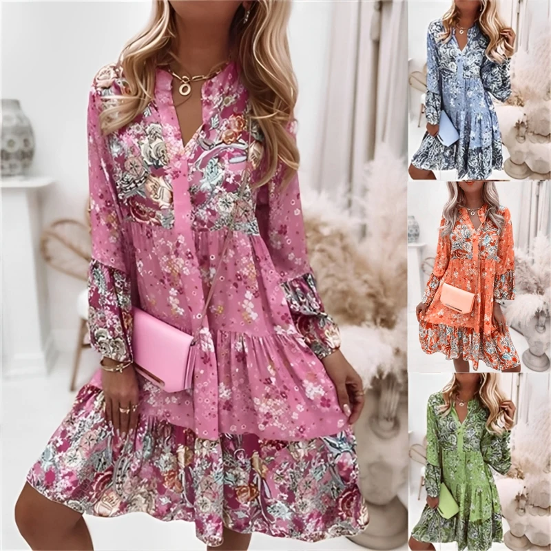 Top Trends: Women Floral Print Dress Oversize Elegant Pleated Long Sleeve Casual Dresses Female V Neck Loose Bohemian Beach Holiday Dresses Shoppable Styles