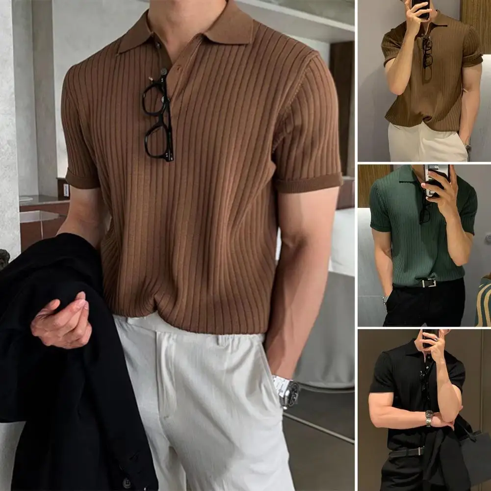 Top Trends: Dropshipping Lapel Short Sleeve Buttons Half Placket Loose Men Summer T-shirt Knitting Ribbed Shirt Top Streetwear Shoppable Styles