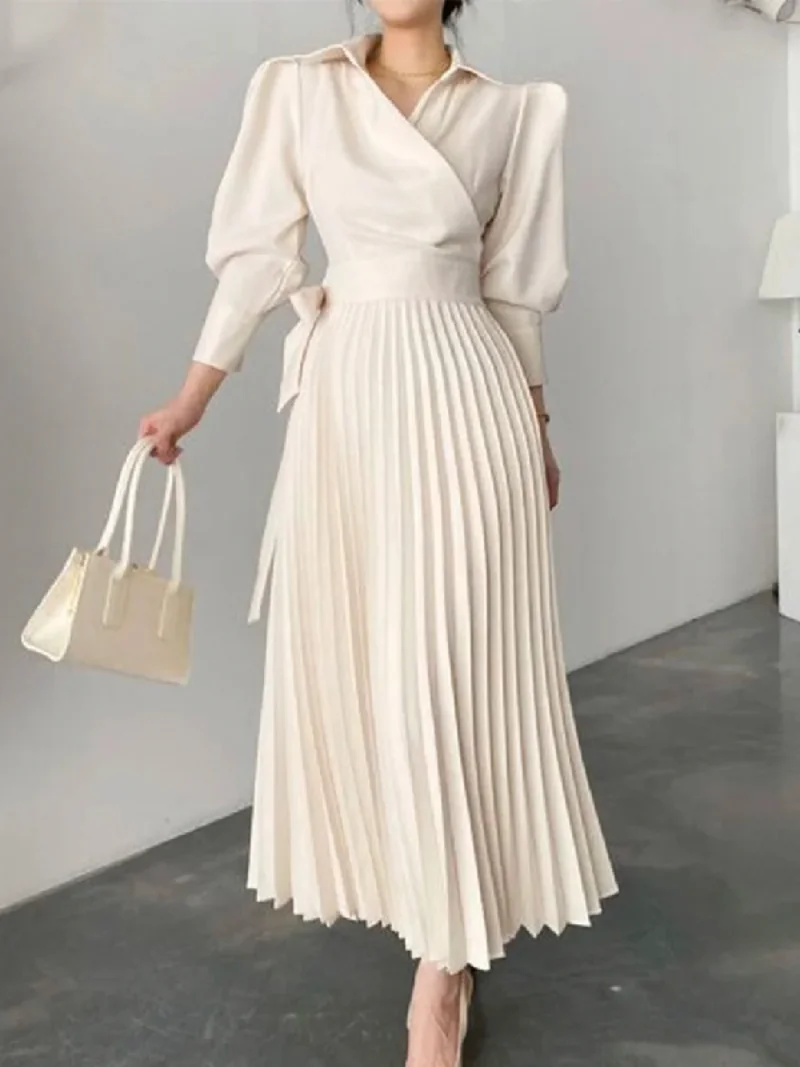 Top Trends: Lemongor 2023 New Korean Fashion Solid Color Lapel Pleated A-line Dress Summer Going Out Office Maxi Dresses For Women Shoppable Styles