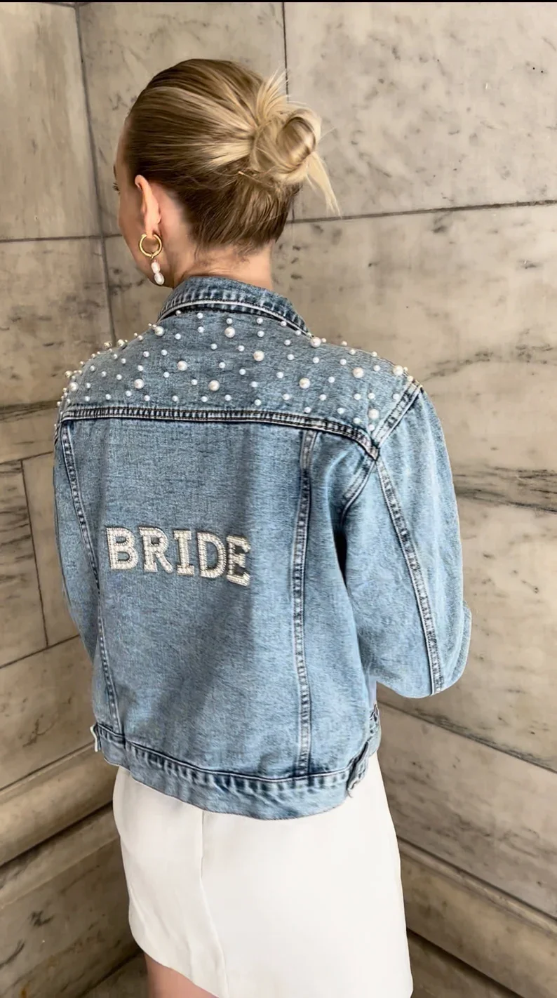 Top Trends: BRIDE Rhinestone And Pearl Denim Jacket Custom Mrs. Jean Jacket Wifey Denim Personalized Bridal Wedding Jacket Bride To Be Coats Shoppable Styles