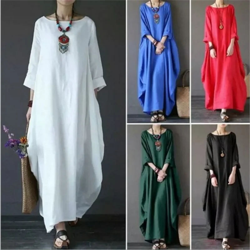 Top Trends: 2022 Spring New Loose Size Round Neck Mid-Sleeve Large Swing Cotton And Linen Long Dress Shoppable Styles