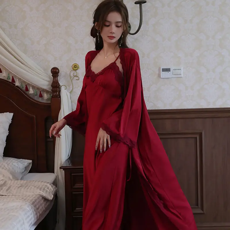 Top Trends: French Court Style Long Pajamas V-neck Lace Nightdress Red Nightwear Retro Lace Nightgown Nighty For Ladies Bridal Dressing Gown Shoppable Styles - Image 4