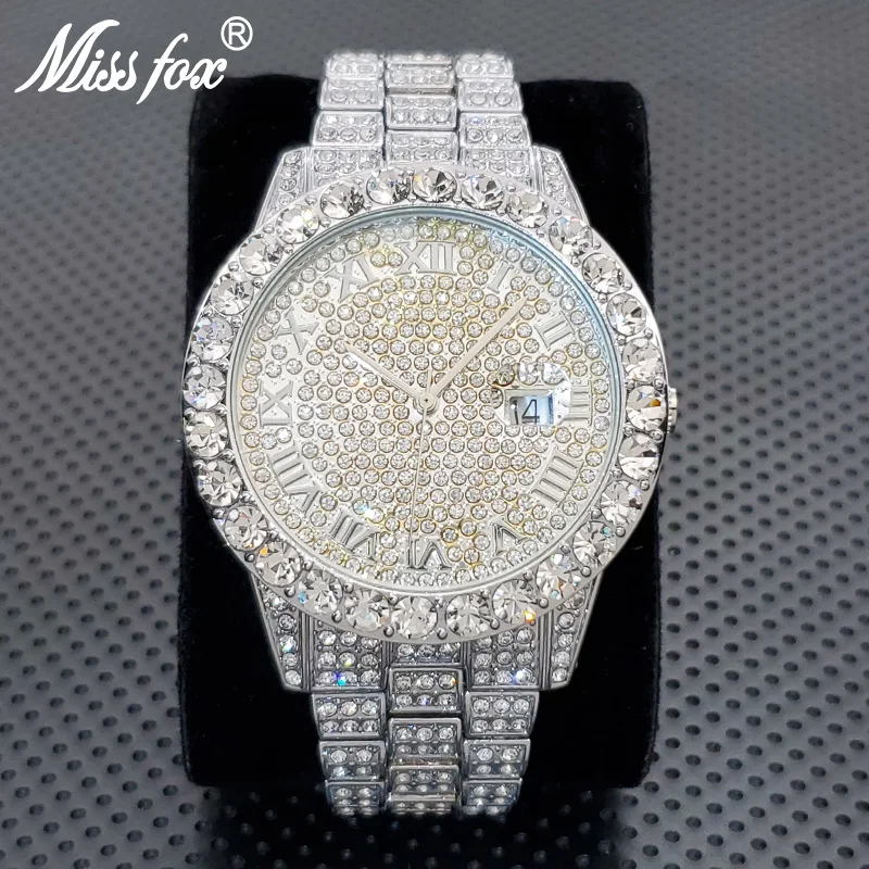 Top Trends: MISSFOX Luxury Diamond Watches For Men Fashion Silver Stainess Steel Quartz Wristwatch Hip Hop Rapper Style Waterproof Clock Hot Shoppable Styles