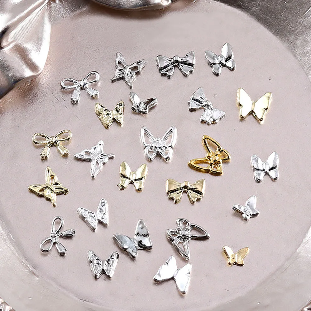 Top Trends: 10Pcs / lot 3D Butterfly Gold Silver Nail Charms Alloy Gems Mini Rivets Decoration Manicure Bow Tie Nail Supplies Accessories Shoppable Styles