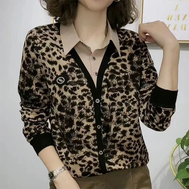 Top Trends: Autumn Winter Leopard Printed Patchwork Fake Two Pieces Jacket Female Long Sleeve Fashion All-match Coat Women's Cardigan Tops Shoppable Styles