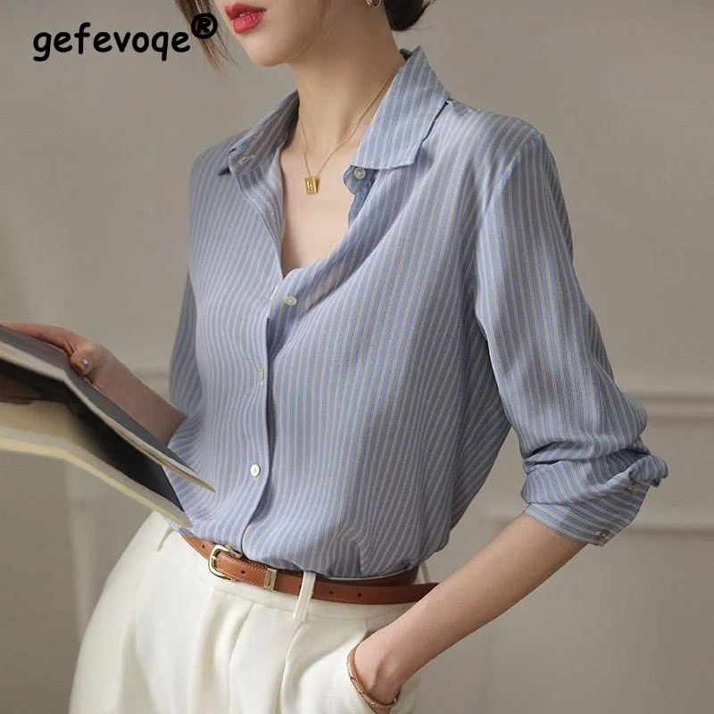 Top Trends: Korean Style Office Lady Blue Striped 2022 Spring Summer Fashion All-match Blouse Long Sleeve Turndown Collar Loose Casual Shirt Shoppable Styles