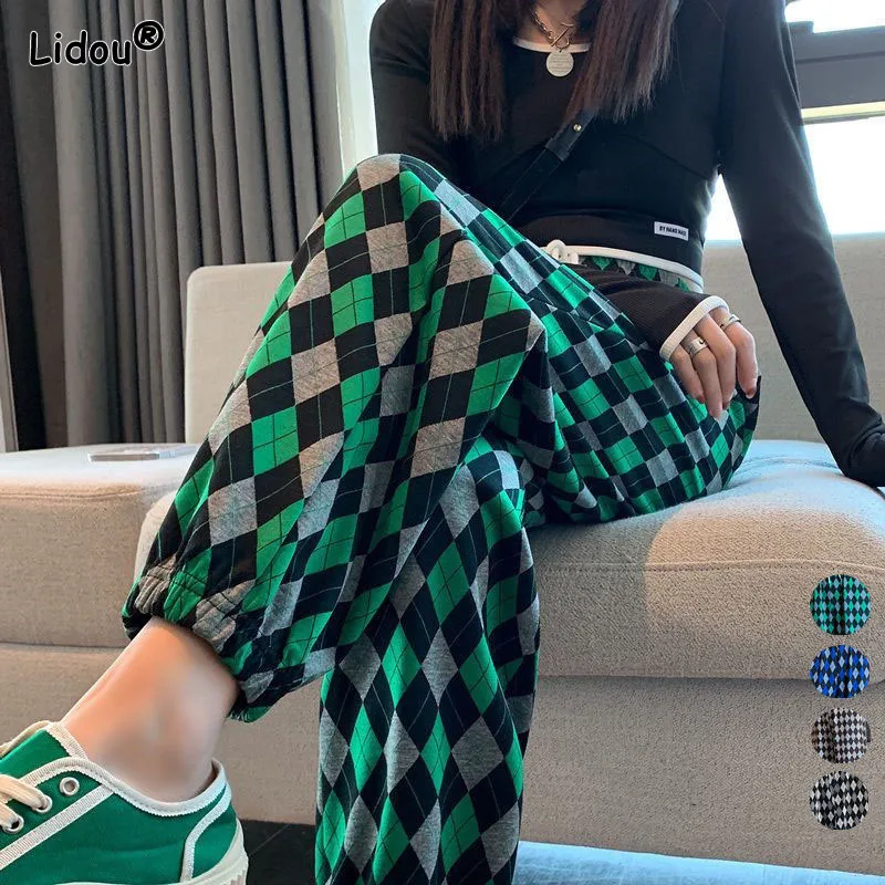 Top Trends: Casual Lattice Drawstring Pockets Summer Autumn Cotton Ankle-length Pants Flat High Waist Geometric Harem Pants Women's Clothing Shoppable Styles