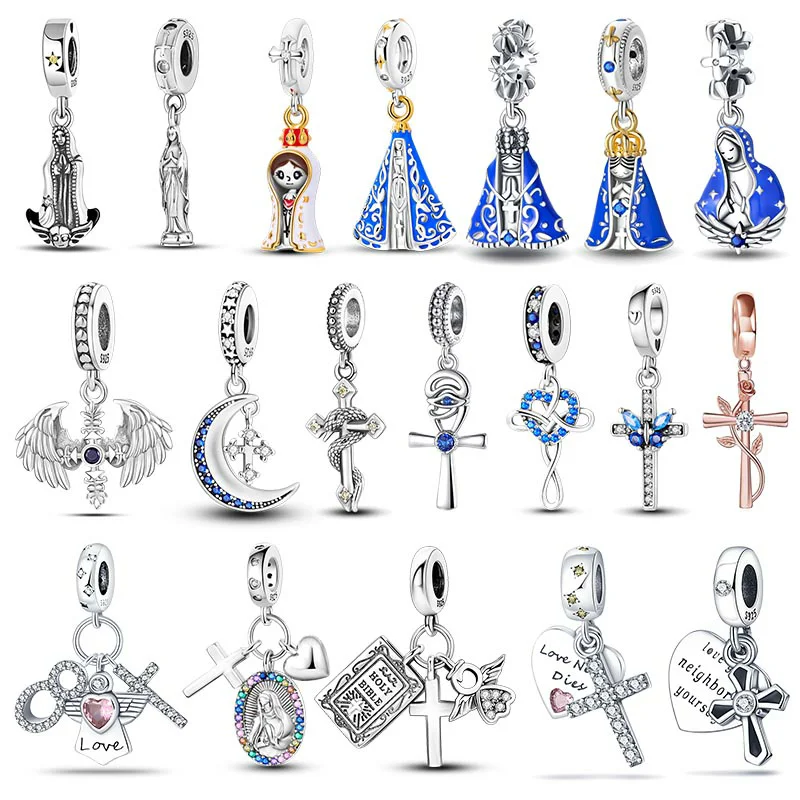 Top Trends: 925 Silver Virgin Of Guadalupe Motif Dangle Cross Pendant Beads Charm For Women Fit Original Pandora Charms Bracelet DIY Jewelry Shoppable Styles