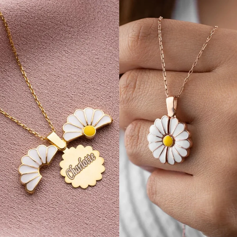 Top Trends: Daisy Flower Pendant Custom Engraved Name Necklace For Women Chain Choker Stainless Steel Jewelry Personalized Mother&#039;s Day Gift Shoppable Styles