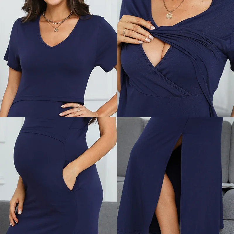 Top Trends: Modal Maternity Dress Round V Neck Short Sleeve Maternity Nursing Dress Solid Color Maternity Clothes Shoppable Styles