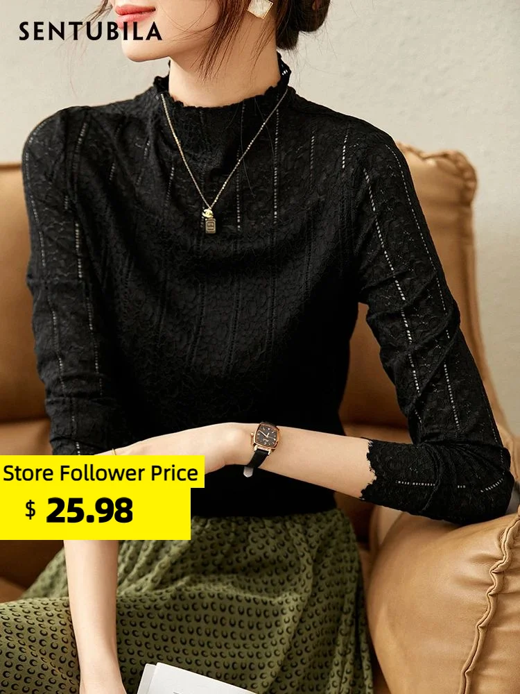 Top Trends: Sentubila Elegant Hollow Out Lace Blouses For Women 2023 Spring Tops Solid Half High Collar Long Sleeve Female Shirts &amp; Blouses Shoppable Styles