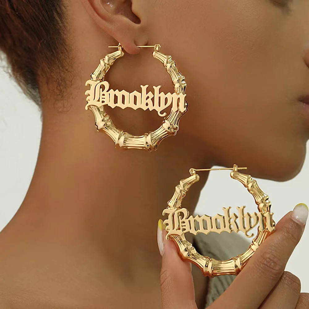 Top Trends: Bamboo Custom Name Earrings 50mm 80mm 100mm Big Hoop Earrings For Women Gold Stainless Steel Jewelry Personalized Christmas Gift Shoppable Styles