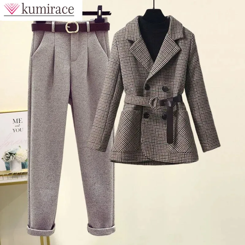 Top Trends: Jacket Blazer Flocked Casual Pants Two-piece Elegant Women's Office Pants Suit Korean Style Belt Decoration Vintage Waist Origin Shoppable Styles