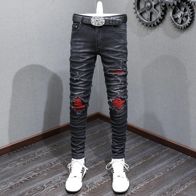 Top Trends: High Street Fashion Men Jeans Retro Black Gray Stretch Skinny Fit Ripped Jeans Men Red Patched Designer Hip Hop Brand Pants Shoppable Styles