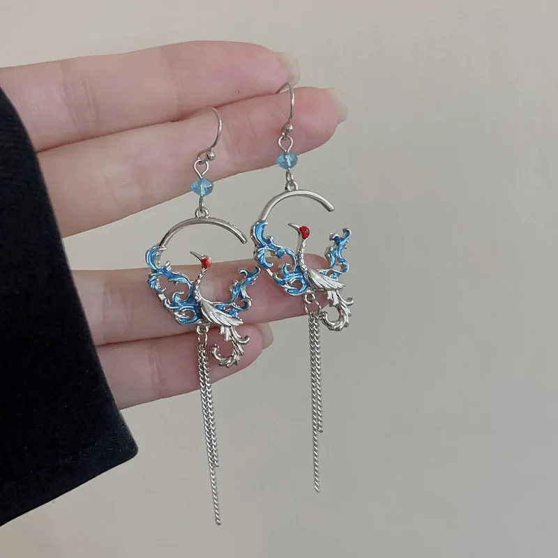 Top Trends: New Fashion Folding Fan Crane Dangle Earrings For Women Chinese Style Asymmetric Long Tassel Temperament Earring Party Jewelry Shoppable Styles