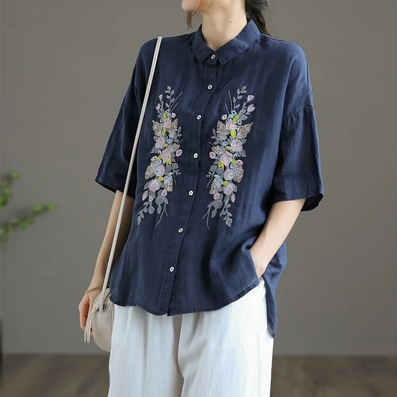 Top Trends: Summer Ethnic Vintage Style Embroidery Cotton Linen Loose Casual Shirt Women Short Sleeve Oversized Comfortable Blouse Clothing Shoppable Styles - Image 2