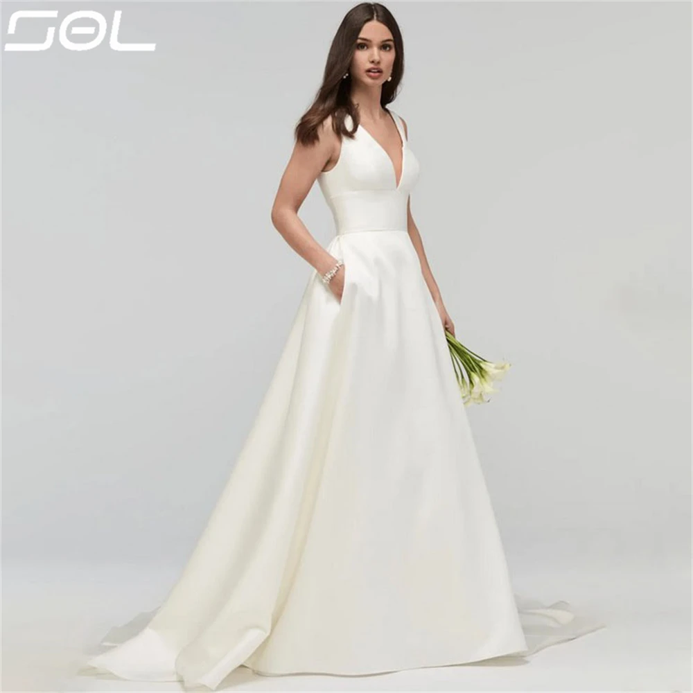 Top Trends: Sol Simple Deep V Neck Spaghetti Straps Satin Wedding Dress Sexy Backless A-Line BOHO Ball Gowns Sweep Train Vestido De Novia Shoppable Styles