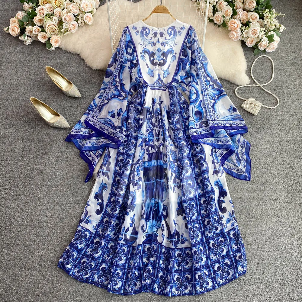 Top Trends: Maxi Dress Women Batwing Sleeve Blue And White Porcelain Printing Bohemian Vacation Fashion Designer Summer Dresses Faldas 2022 Shoppable Styles - Image 2