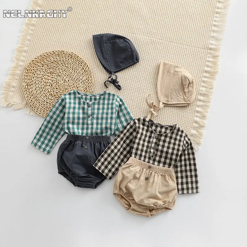 Top Trends: 2023 Autumn Spring Newborn Baby Girls Boys Full Sleeve Plaid Top Shirts+ shorts+ hat Infant Kids 100% Cotton Clothing Set 3pcs Shoppable Styles