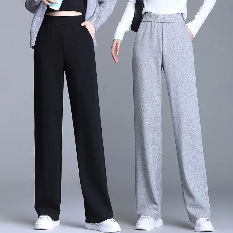 Top Trends: Korean Fashion Loose All-match Long Sweatpants Spring Autumn New Pocket High Waist Wide Leg Solid Casual Women Straight Trousers Shoppable Styles