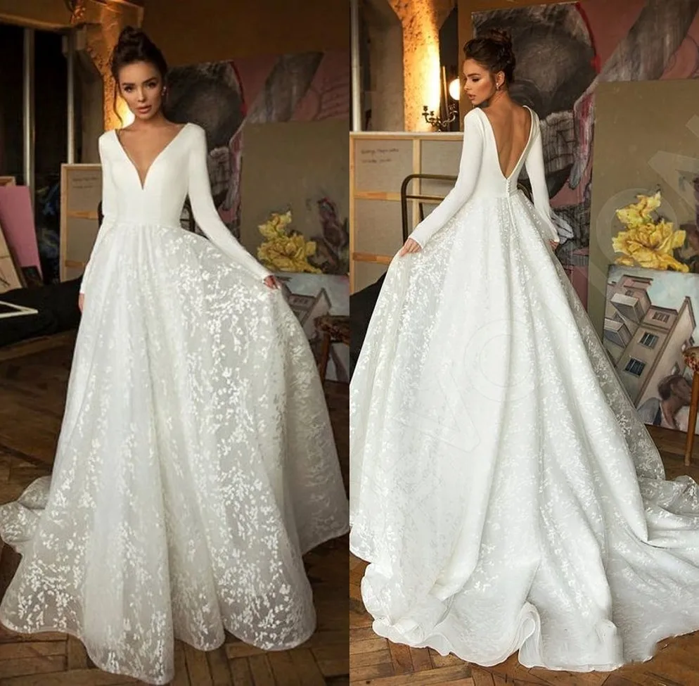 Top Trends: Vintage Satin Lace Wedding Dresses 2022 Long Sleeve V-neck Backless Bridal Gowns White Vestido De Novia Elegant Open Back Long Shoppable Styles