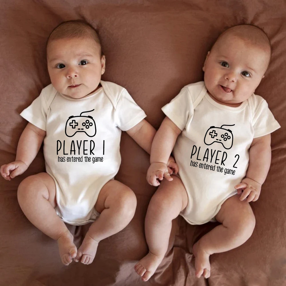 Top Trends: Player 1 2 Has Entered The Game Funny Twin Baby Onesies Cotton Comzy Summer Newborn Boys Girls Clothes O-neck Infant Romper Shoppable Styles