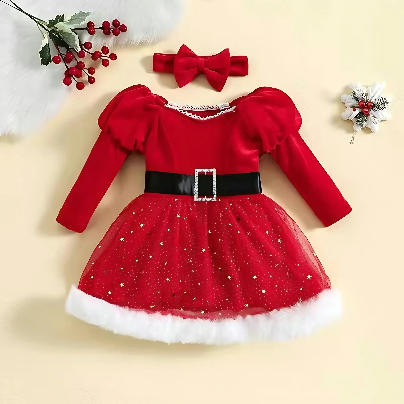 Top Trends: Baby Girls Christmas Outfits Toddler Kids Red Sequins Stars Plush Dress Mesh Party Dresses + Bow Headband Xmas Costumes 1-6 Year Shoppable Styles