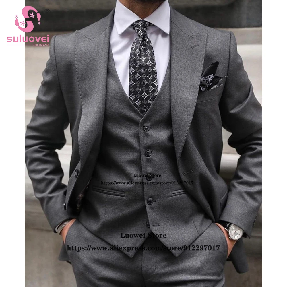 Top Trends: Fashion Slim Fit Wedding Suits For Men 3 Piece Jacket Vest Pants Set Male Business Blazer Formal Party Groom Peaked Lapel Tuxedo Shoppable Styles