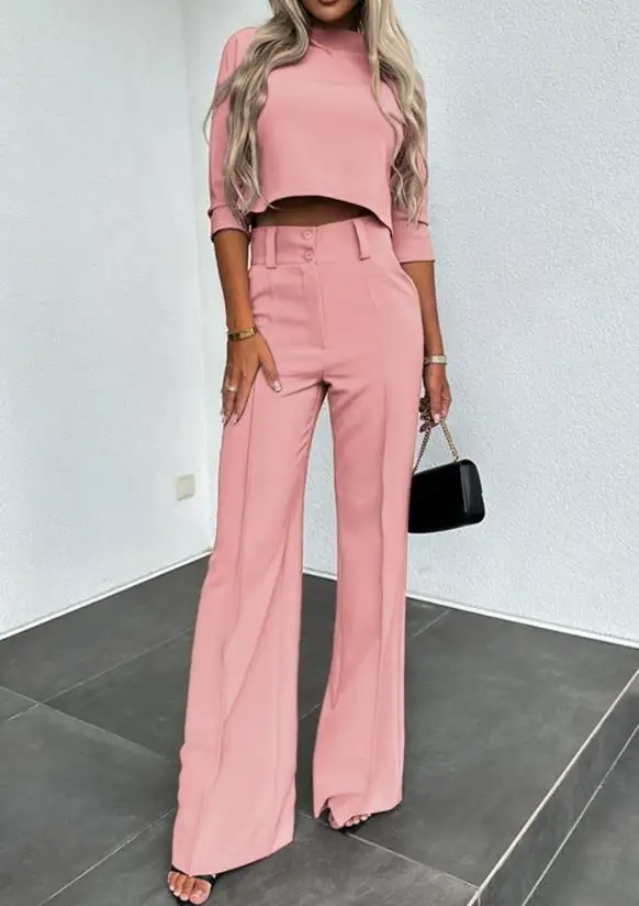 Top Trends: Two Piece Set Women Outfit 2023 Summer Fashion Plain Mock Neck Half Sleeve Crop Top & Elegant Pocket Design Buttoned Work Pants Shoppable Styles - Image 3