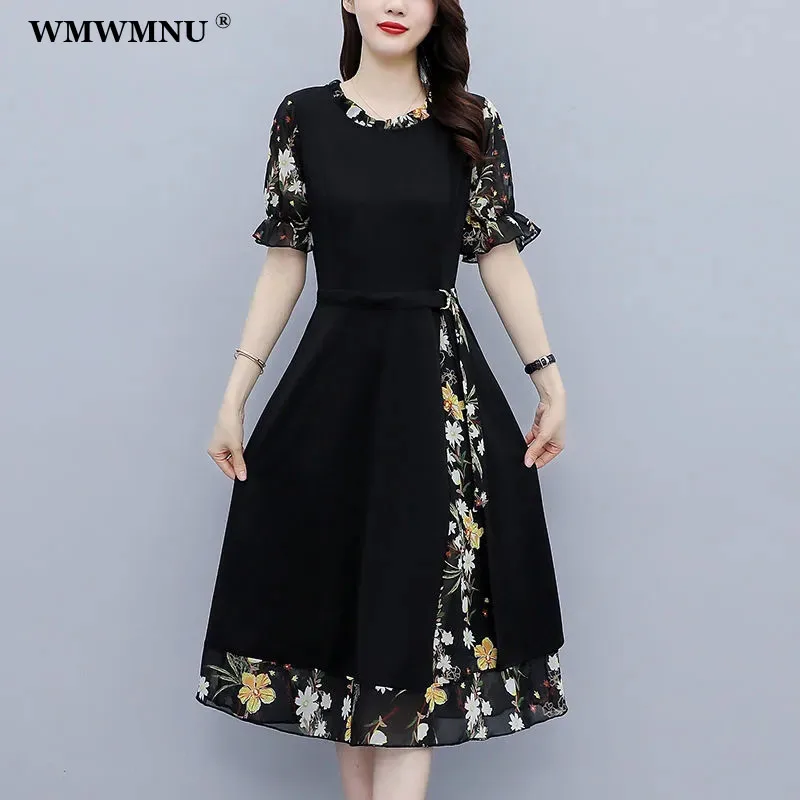 Top Trends: Black Floral Patchwork Midi Dress Women Summer Elegant Ruffles Short Sleeve A-Line Dresses Large Size Casual Vestidos De Mujer Shoppable Styles