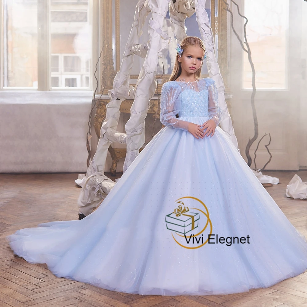 Top Trends: Luxury Sequined Tulle Wedding Party Gowns For Princess Full Sleeve A Line Flower Girl Dresses Sweep Train 2023 فساتين اطفال للعي Shoppable Styles