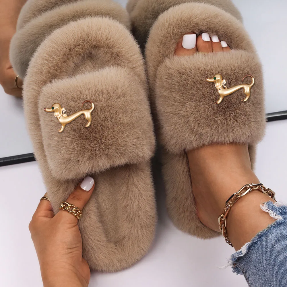 Top Trends: Women's Slippers Shoes Faux Fur Slides Cute Dachshund Decor Flat Sandals Designer Flip Flops Female Winter Plush Slippers 2022 Shoppable Styles