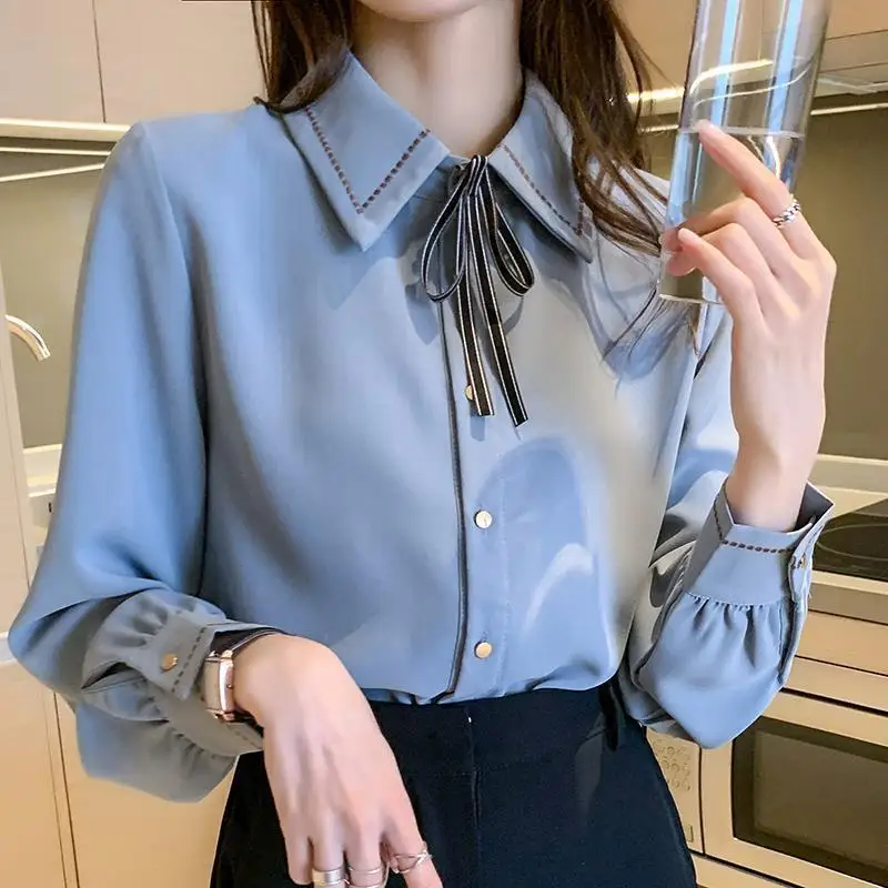 Top Trends: Fashion Lapel Solid Color Lace Up Bow Blouse Women's Clothing 2022 Autumn New Loose Casual Tops All-match Office Lady Shirt Shoppable Styles