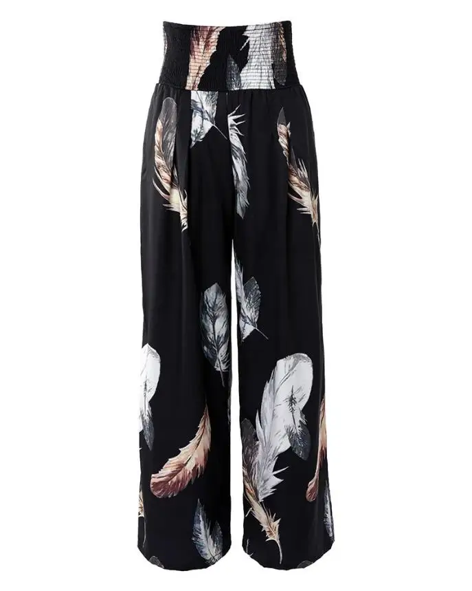 Top Trends: Casual Chic Feather Print High Waist Wide Leg Pants Pocket Shirred Design Daily Vacation Fashion Women's Pants Shoppable Styles - Image 3