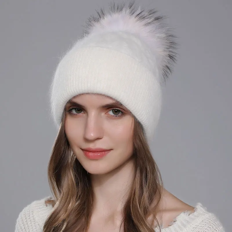 Top Trends: CNTANG New Natural Raccoon Fur Pompom Knit Hat For Women Warm Angora Rabbit Bonnet Women's Winter Fleece Hats Casual Female Caps Shoppable Styles