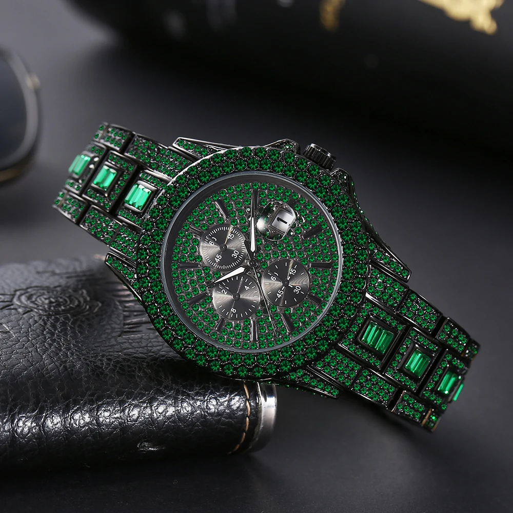 Top Trends: 2023 New Hip Hop Watches Mens Automatic Date Green Iced Diamond Clock Fashion Waterproof Quartz WrIstwatch Luxury Man Gift Reloj Shoppable Styles