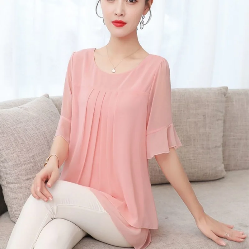 Top Trends: Chiffon Short Sleeve Thin Shirt Tops Summer New Plus Size Loose O-Neck Solid Color Blouse Casual Fashion Office Women Clothing Shoppable Styles