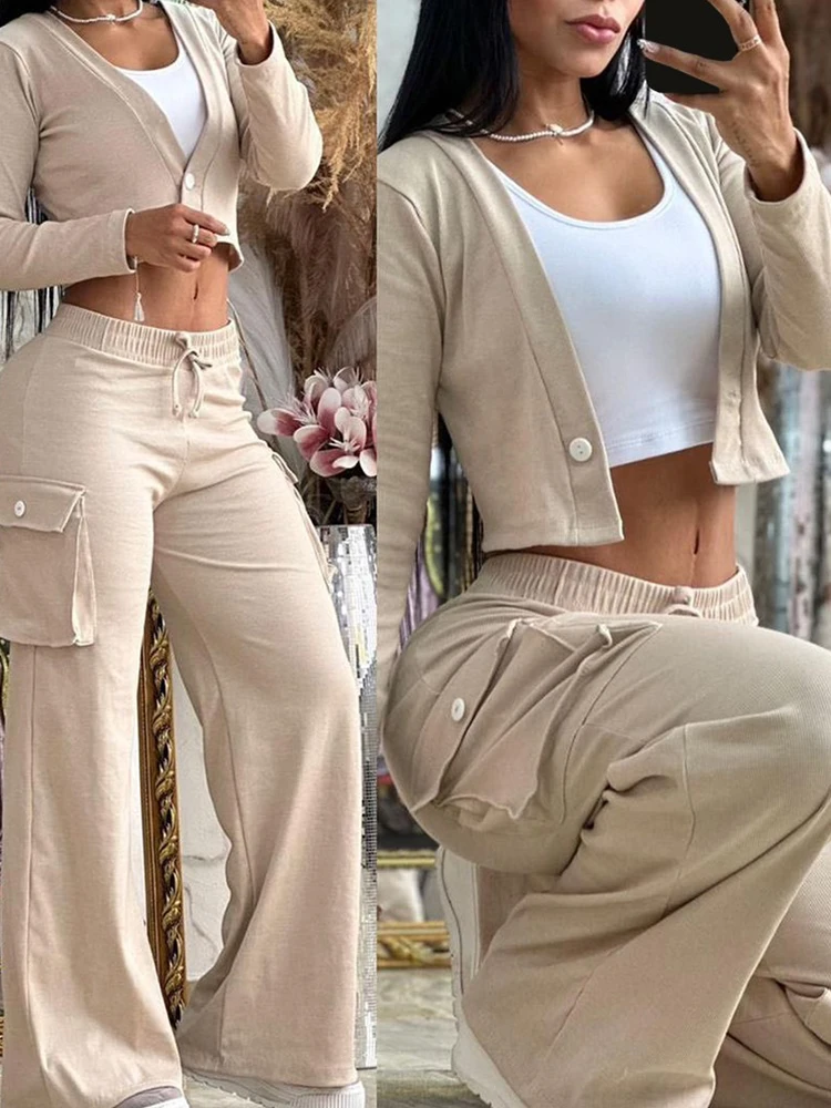 Top Trends: Sets Outifits 2023 New Tape Patch Ribbed Crop Coat & Pants Set Of Two Fashion Casual Pieces For Women Tracksuits Elegant Female Shoppable Styles