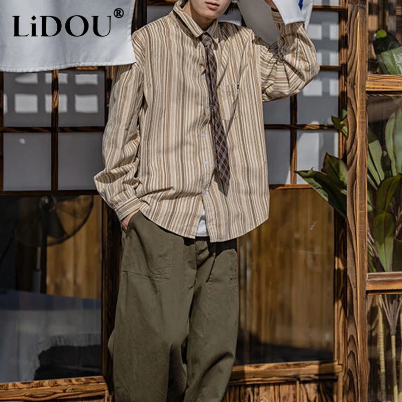 Top Trends: Spring Autumn Fashion Temperament Japanese Vintage Blouse Man Simple Stripes Loose Long Sleeve Top Casual All Match Male Shirt Shoppable Styles