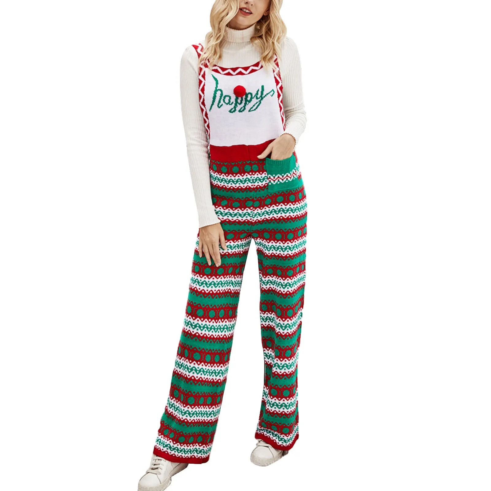 Top Trends: Women Christmas Knitted Bib Overalls Snowflake Print Loose Straight Leg Jumpsuit Romper Pants With Pockets New Year Clothes Shoppable Styles