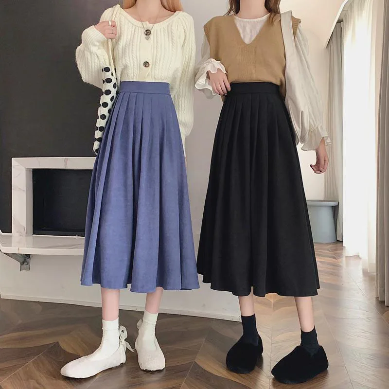 Top Trends: Korean Style Women&#039;s Midi Skirt 2022 Autumn High-Waisted Corduroy Long Skirt Women College Style Pleated A-Line Skirts Shoppable Styles