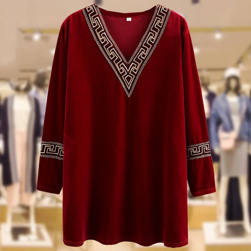 Top Trends: Autumn XL-7XL Oversized Long Sleeve Embroidery V-neck T-shirt Women Solid Fashion Large Size Tunics Female Loose Casual Tops Shoppable Styles