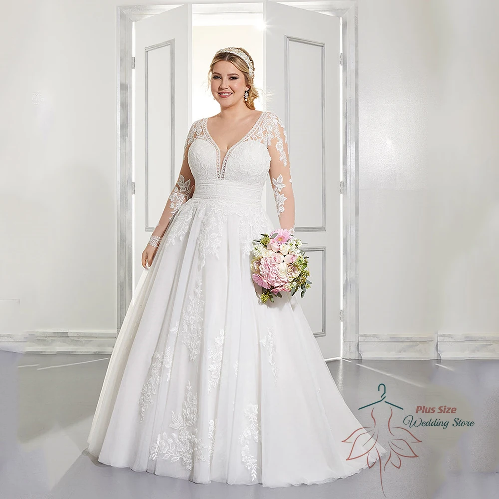 Top Trends: Exquisite Wedding Dresses Plus Size V-Neck Long Sleeves Empire Bride Gowns Lace Applique Sweep Train A-Line Robe De Mariée 2023 Shoppable Styles