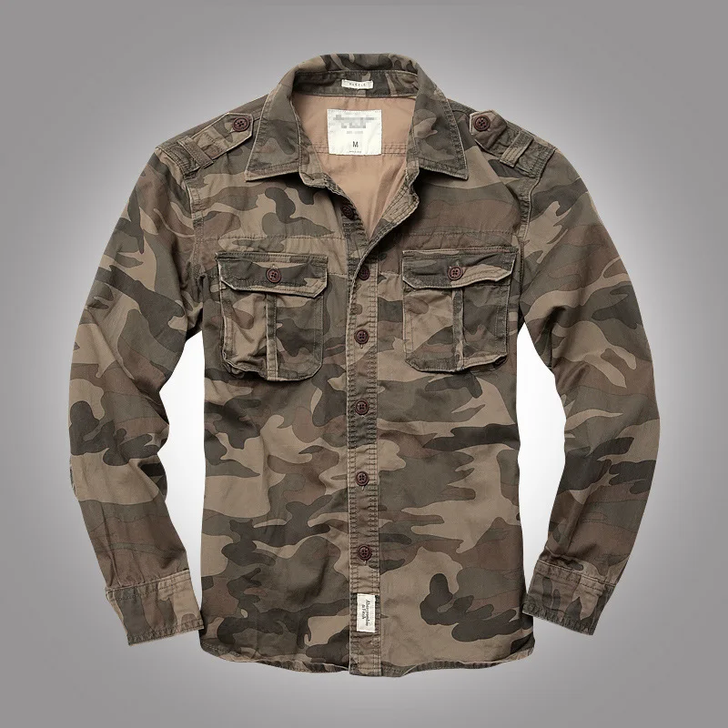 Top Trends: Men Camouflage Long-sleeved Shirt Ami Khaki Cotton Shirt Cargo Tooling Military Coat Thick Double Chest Pockets Jacket Outdoor Shoppable Styles