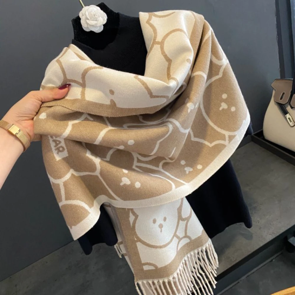 Top Trends: Designer Brand Women Scarf Warm Cashmere Shawls Wraps Cute Bear Printed Bufandas Winter Pashmina Blanket Scarves Female Foulard Shoppable Styles