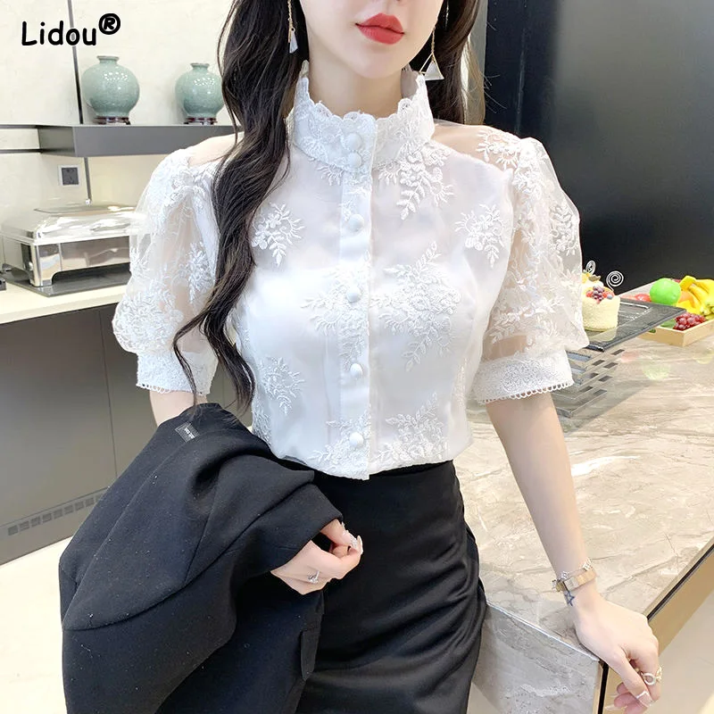 Top Trends: Sweet Women&#039;s Clothing Stand Collar Temperament Button Hollow Out Solid Skinny Gauze Patchwork Embroidered Blouses Summer Thin Shoppable Styles